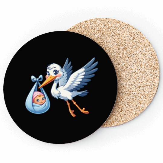 Stork Carrying Newborn Baby in Blue Blanket - Coasters
