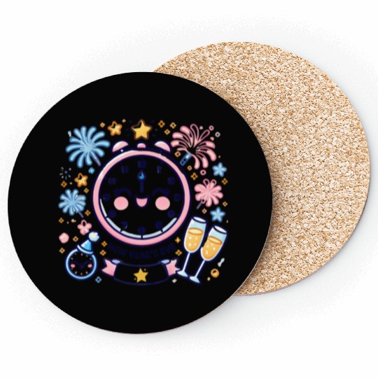 Celebrate New Year's Eve, Fun Clock and Fireworks Coasters