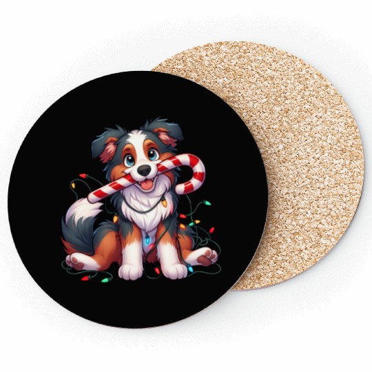 Christmas Dog Australian Shepard Lights Coasters