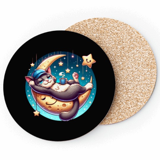 Cute Cat Relaxing on Moon with Stars and Coffee Coasters