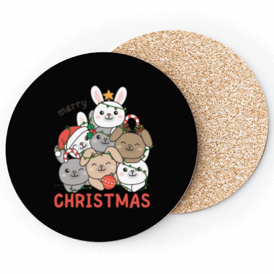 Bunny Christmas Tree Merry Christmas Coasters