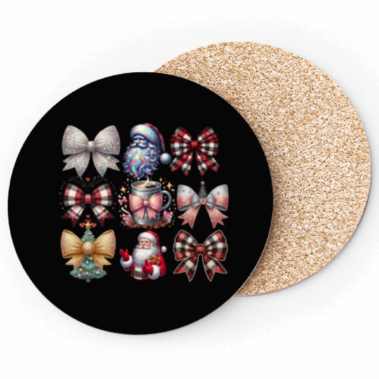 Coquette Bow Santa Christmas Tree Cake Candy Coasters