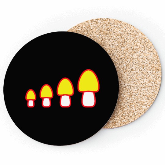 Many Yellow Mushrooms Small Large Row Four Fungus Coasters