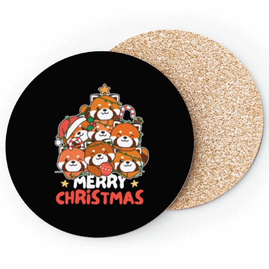Red Panda Christmas Tree Merry Christmas Coasters