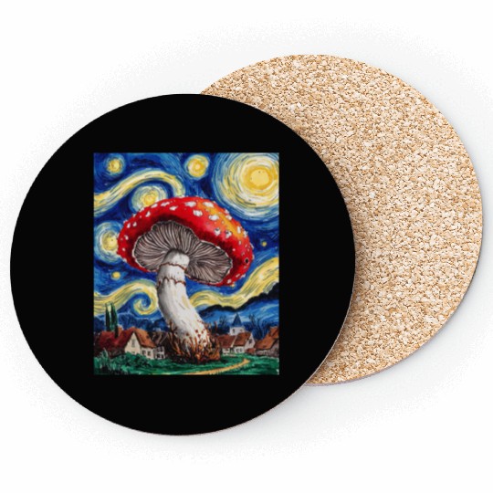 Starry Night Mushroom: Surreal Watercolor Dreamsca Coasters