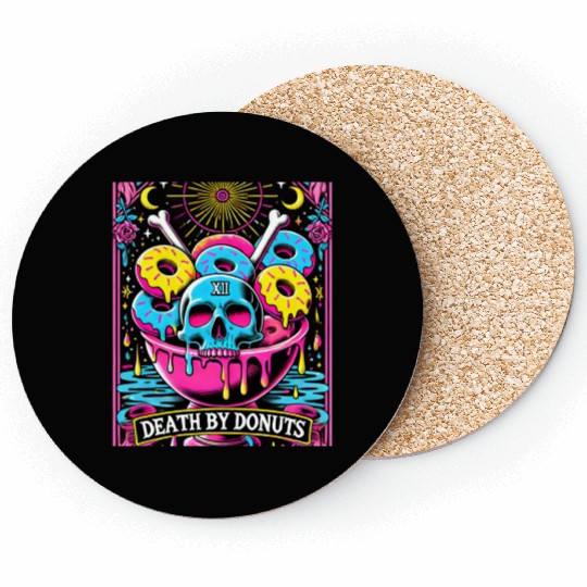 Death by Donuts Tarot Card skull gothic bowl funny Coasters
