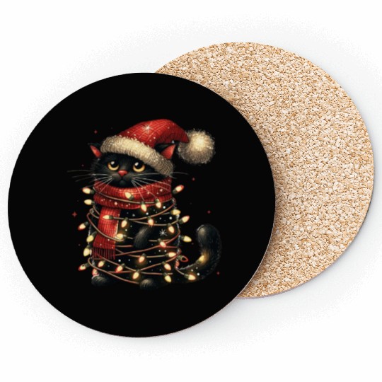 Black Cat In Christmas Light, Cat Lights Coasters