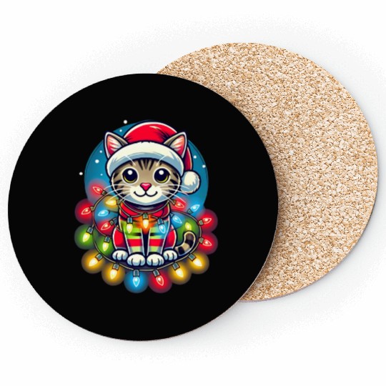 Festive Cat with Christmas Lights and Santa Hat Coasters