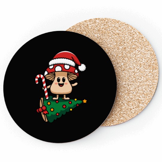 Christmas Mushroom Wearing Santa Hat Coasters