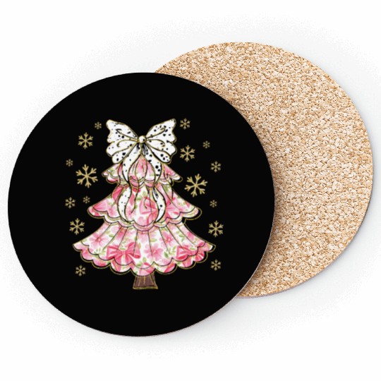 Preppy Pink Coquette Bow Xmas Tree Coasters