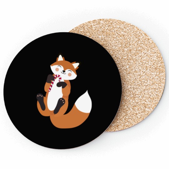 Playful fox with candy cane for Christmas Coasters
