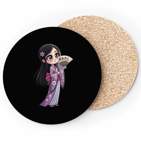 Cute Chibi Geisha Anime Inspired Kimono Design Coasters