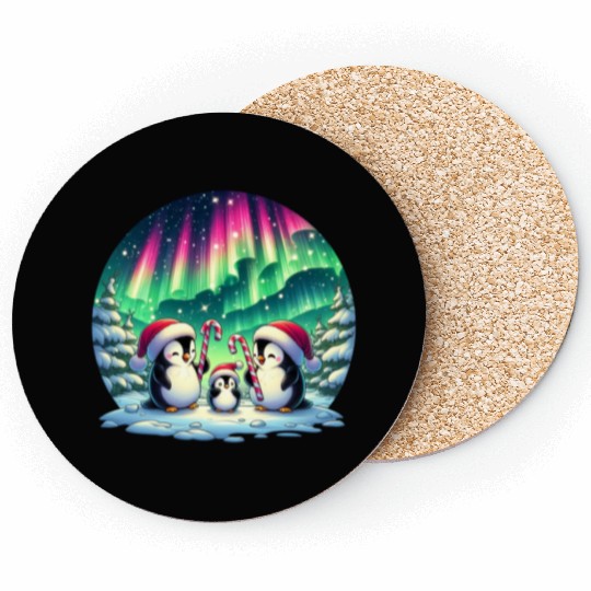 Penguin Family Christmas under the Aurora Coasters