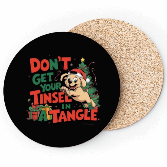 Puppy Tinsel in a Tangle Coasters