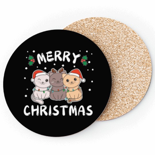 Merry Christmas Cute Cat Festive Lights Cat Coasters