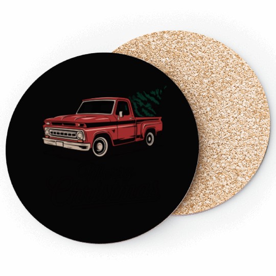 Red Pickup Truck Christmas Tree Vintage Christmas Coasters