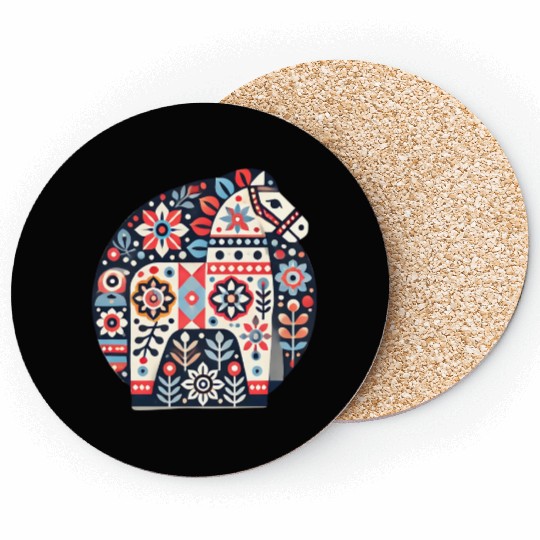 Colorful Nordic Folk Art Horse Design Coasters