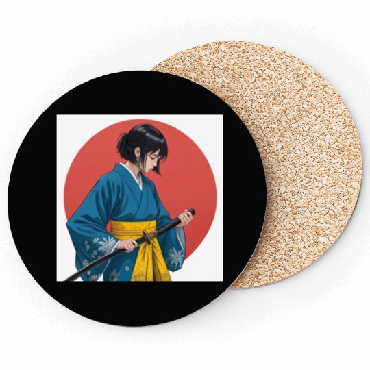 Blossom and Blade: Kimono-Clad Warrior Girl, Japan Coasters