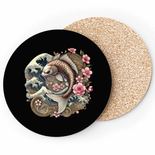 Elegant Koi Fish and Cherry Blossom Design Coasters
