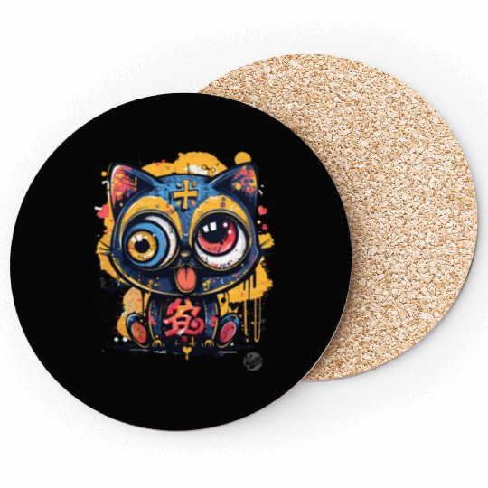 Psycho Lucky Cat – Glitch Meow Madness Coasters