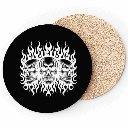 Tribal Flame Tattoo Three Grinning Skulls Coasters