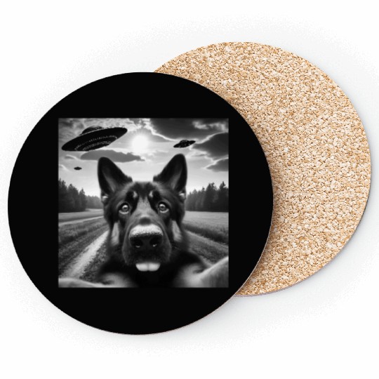 German2 Shepherd Funny GSP Selfie with UFOs Weird Coasters