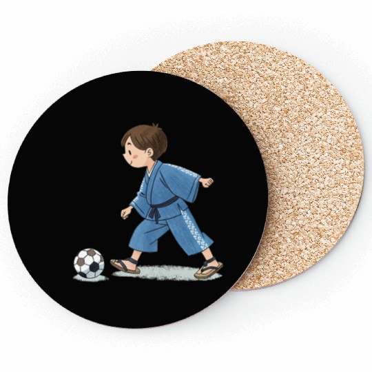 Boy in kimono playing soccer Coasters