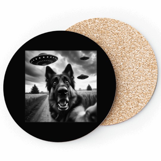 German Shepherd Funny GSP Selfie with UFOs Weird A Coasters