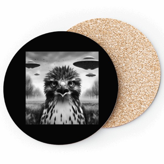 Hawk falcon Funny Graphic Selfie with UFOs Weird Coasters