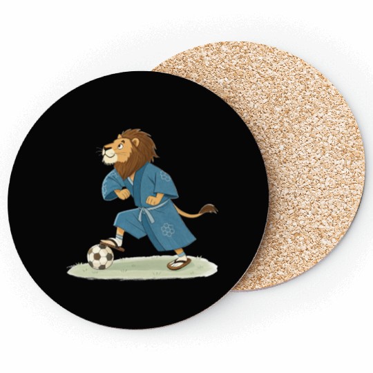Lion playing soccer in karate kimono Coasters