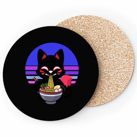 Cat Eating Ramen Noodles Kawaii Anime Japanese Coasters