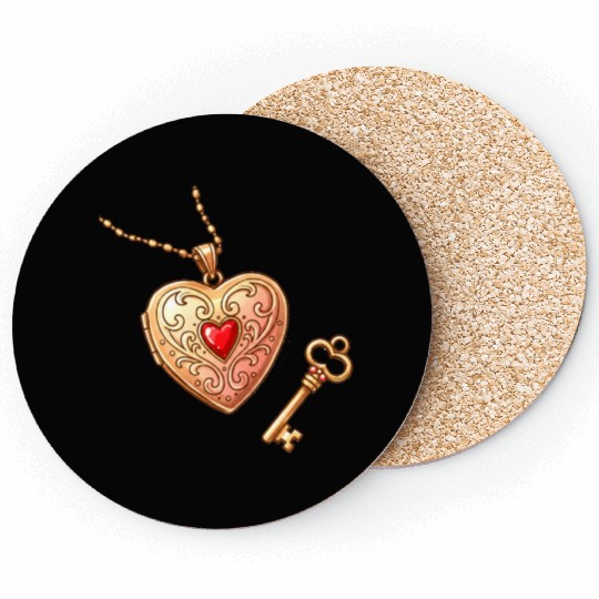Vintage Heart Lock & Key Necklace Set Coasters