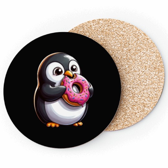 Cute Penguin Donut Cartoon Crazy Sweet Treat Coasters