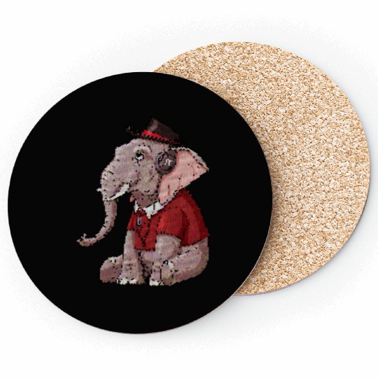 Elephant listening music wearing red Coasters & hat