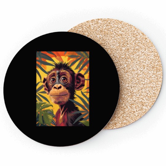 Chimpanzee close-up among branches. Coasters