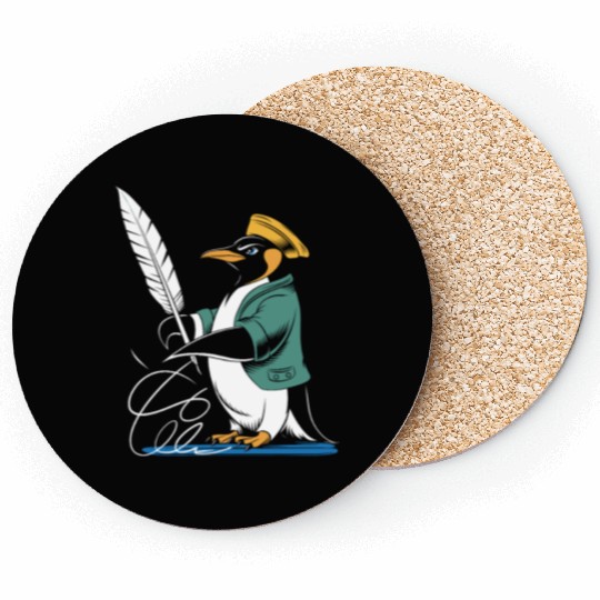 Calligraphy Enthusiast Penguin With Quill Art Coasters