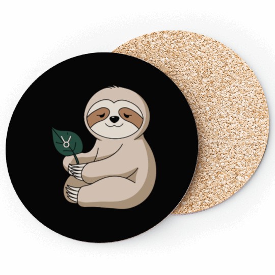 Taurus Zodiac Sloth Holding Leaf Coasters