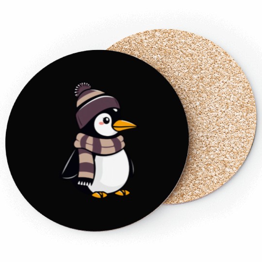 Cute cartoon penguin wearing winter hat and scarf Coasters