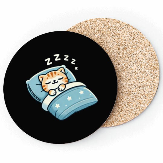 Cat Sleeping In Bed At Night Time Coasters