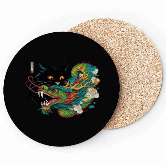 Ukiyo-e Black Cat Chinese Dragon Coasters