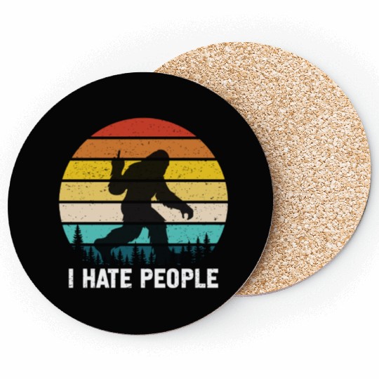 I Hate People Retro Bigfoot Silhouette in Forest Coasters