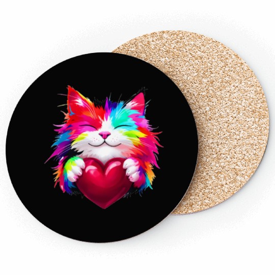Rainbow Cute Cat Hugging Valentine Heart Coasters