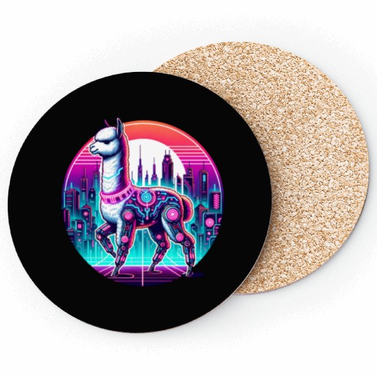 Cyberpunk Alpaca In Futuristic Cityscape Coasters