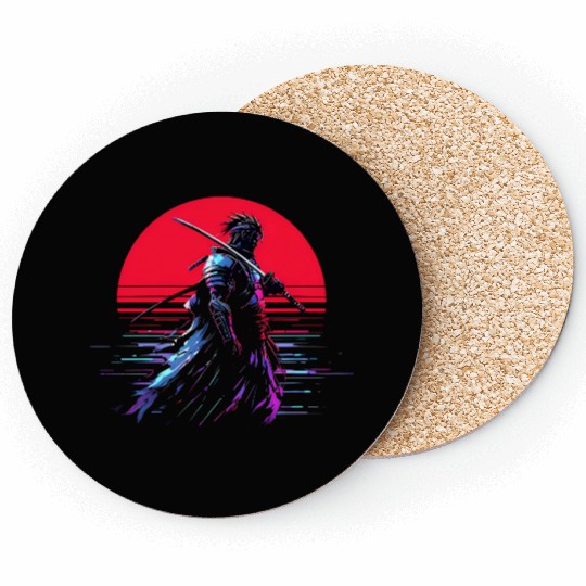 Cyberpunk Samurai Warrior Under Neon Moon Coasters