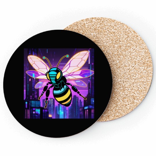 A bee cyberpunk-style with glowing neon stripes Coasters