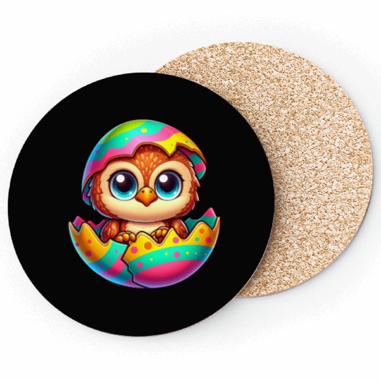 Cute Owl Easter Egg Cartoon Hatching Colorful Coasters