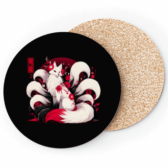 Kitsune Fox Red spider lily Flowers Japanese Nine Coasters
