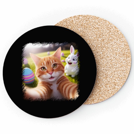Cute Easter Selfie Cat Bunny Spring Coasters For Kids