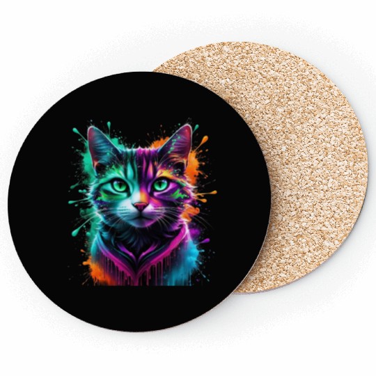 Neon Cosmic Cat – A Psychedelic Fusion of Color Coasters