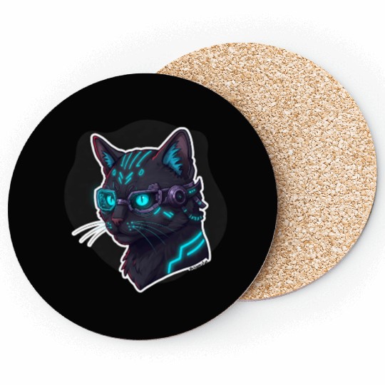 Badass Cat Cyberpunk – Neon Feline from the Future Coasters